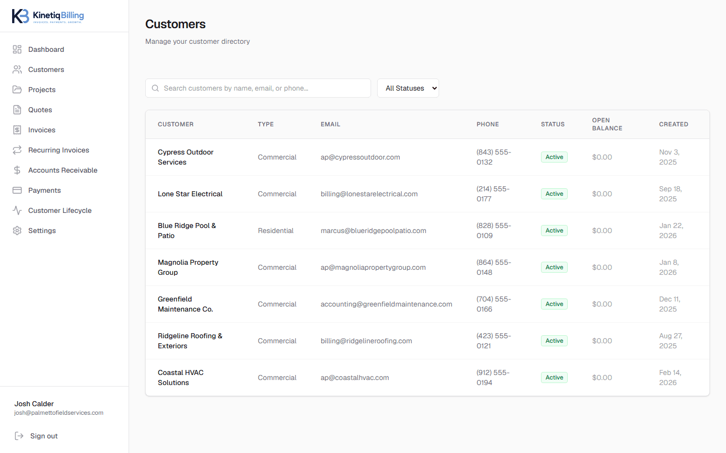 Customers screen in KinetiqBilling